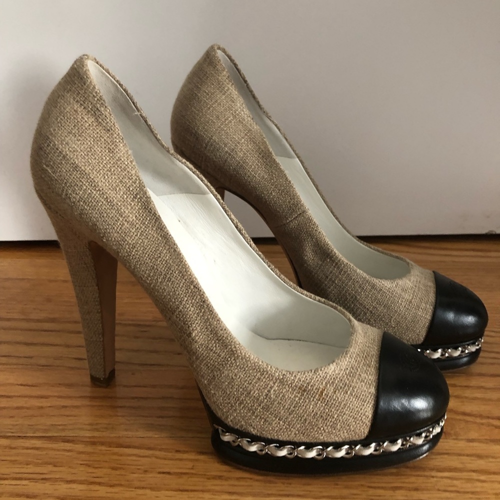 Chanel Linen Cap Toe Chain Platform Heels- Unworn!